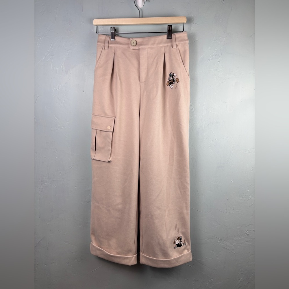 Disney Cream Wide-Leg Pants with Donald Duck Embroidery
